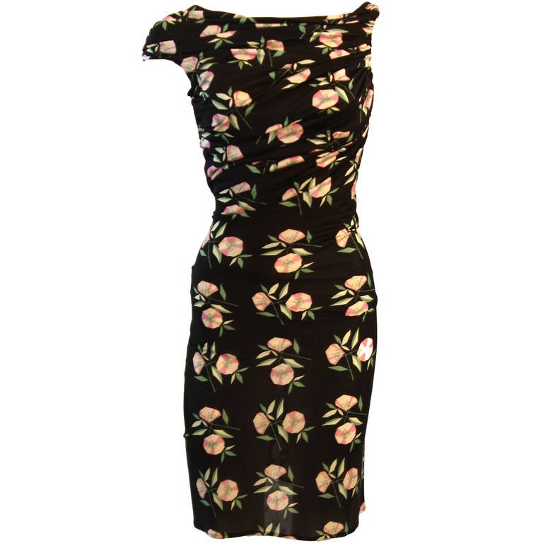 Gianni Versace Vestido de punto de seda acanalado negro con rosas rosas Talla 40 en venta