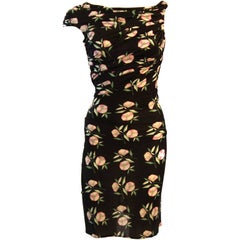 Vintage Gianni Versace Black with Pink Roses Ruched Silk Jersey Dress Size 40