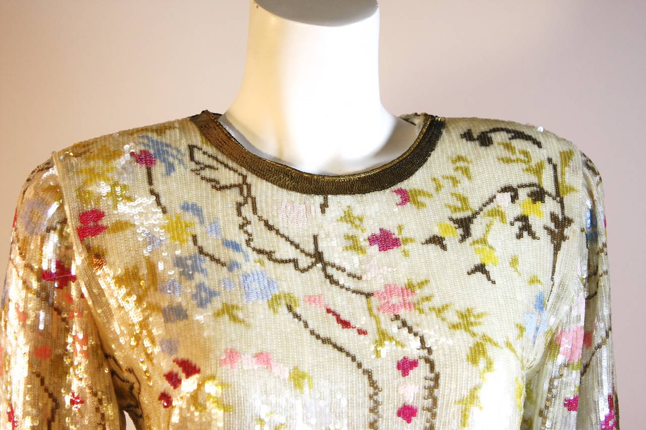 Oscar de la Renta Cream Silk & Iridescent Gold Pink Floral Sequin Blouse 1990s In Excellent Condition In Los Angeles, CA