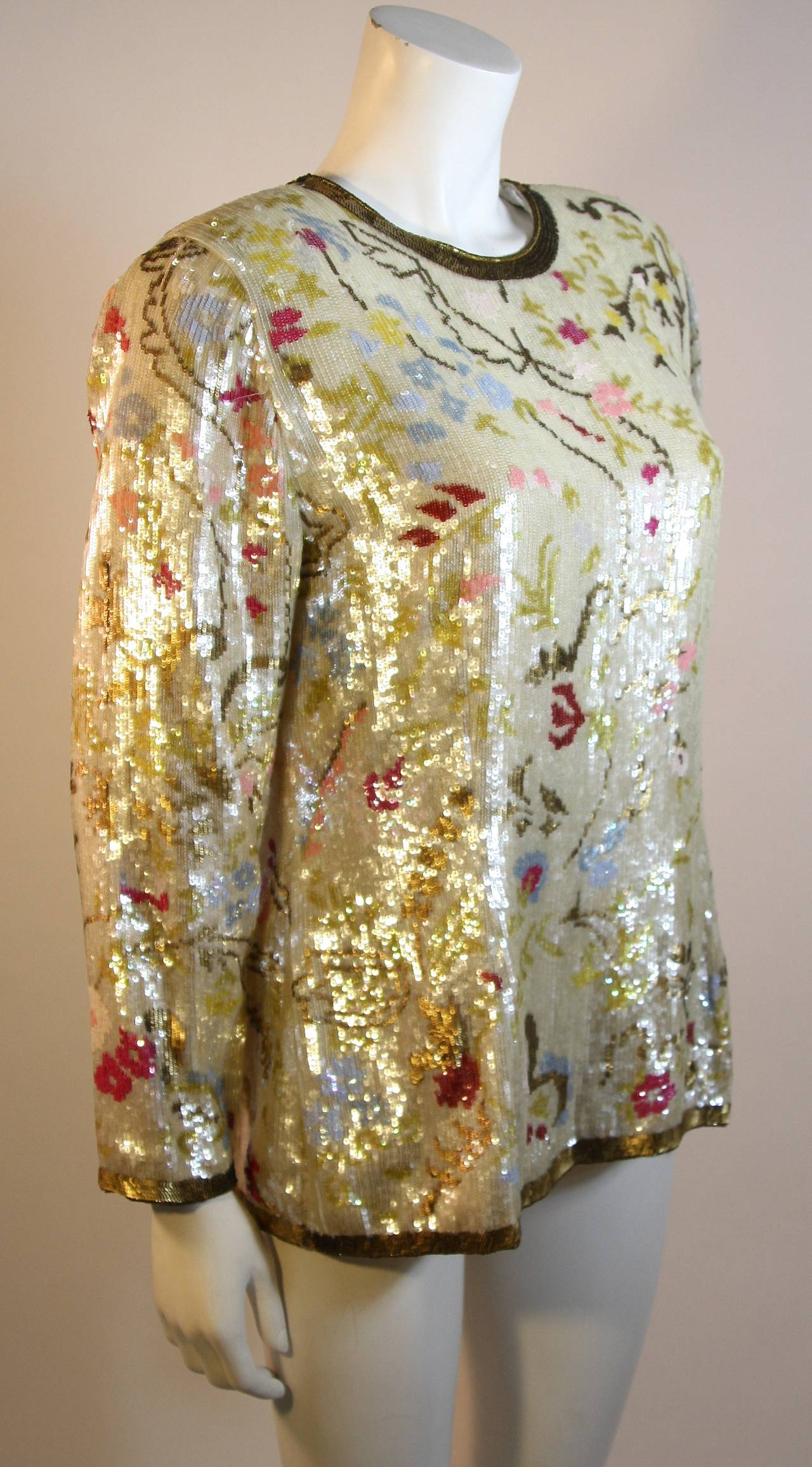 Women's Oscar de la Renta Cream Silk & Iridescent Gold Pink Floral Sequin Blouse 1990s