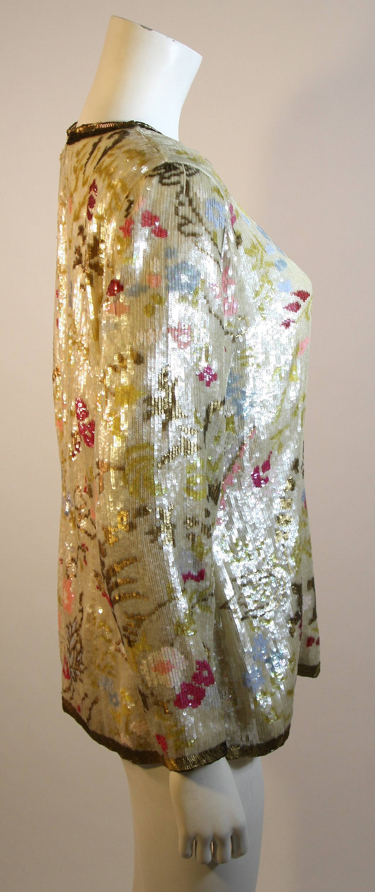 Oscar de la Renta Cream Silk & Iridescent Gold Pink Floral Sequin Blouse 1990s 1