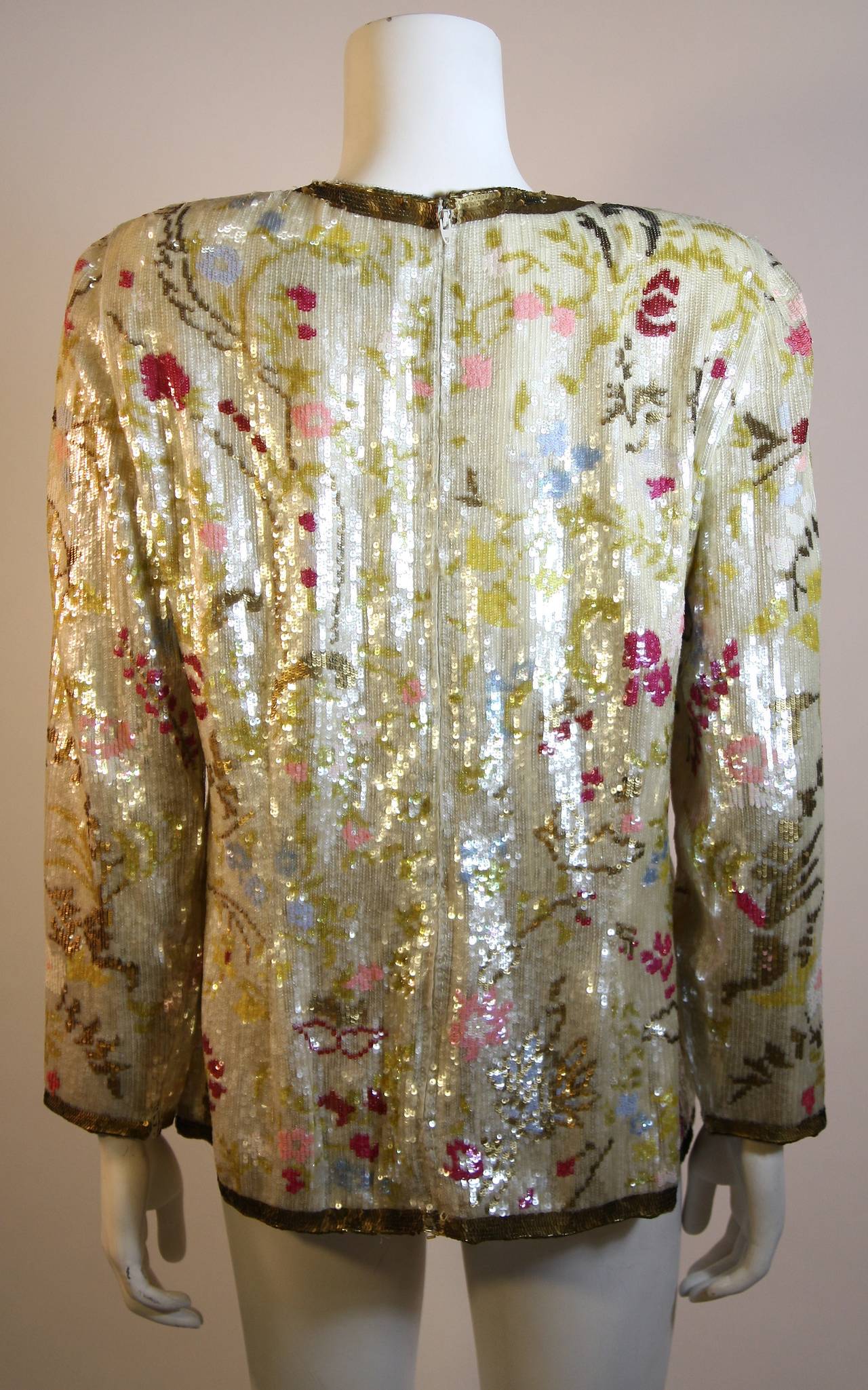 Oscar de la Renta Cream Silk & Iridescent Gold Pink Floral Sequin Blouse 1990s 2