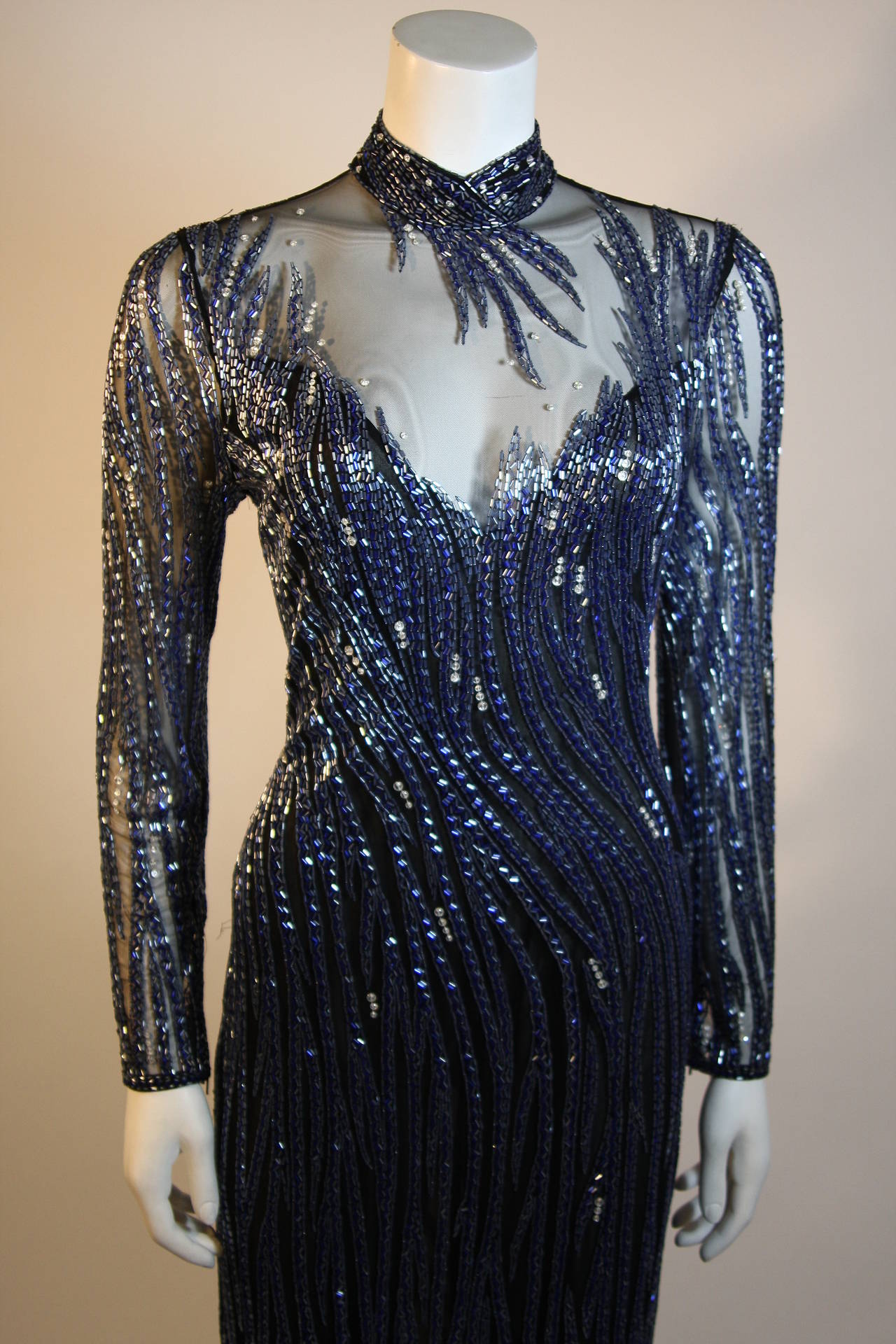 Women's Bob Mackie 1980s midnight blue beaded gown with peek-a-boo sheer neckline 10