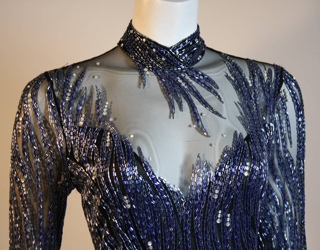 Bob Mackie 1980s midnight blue beaded gown with peek-a-boo sheer neckline 10 1