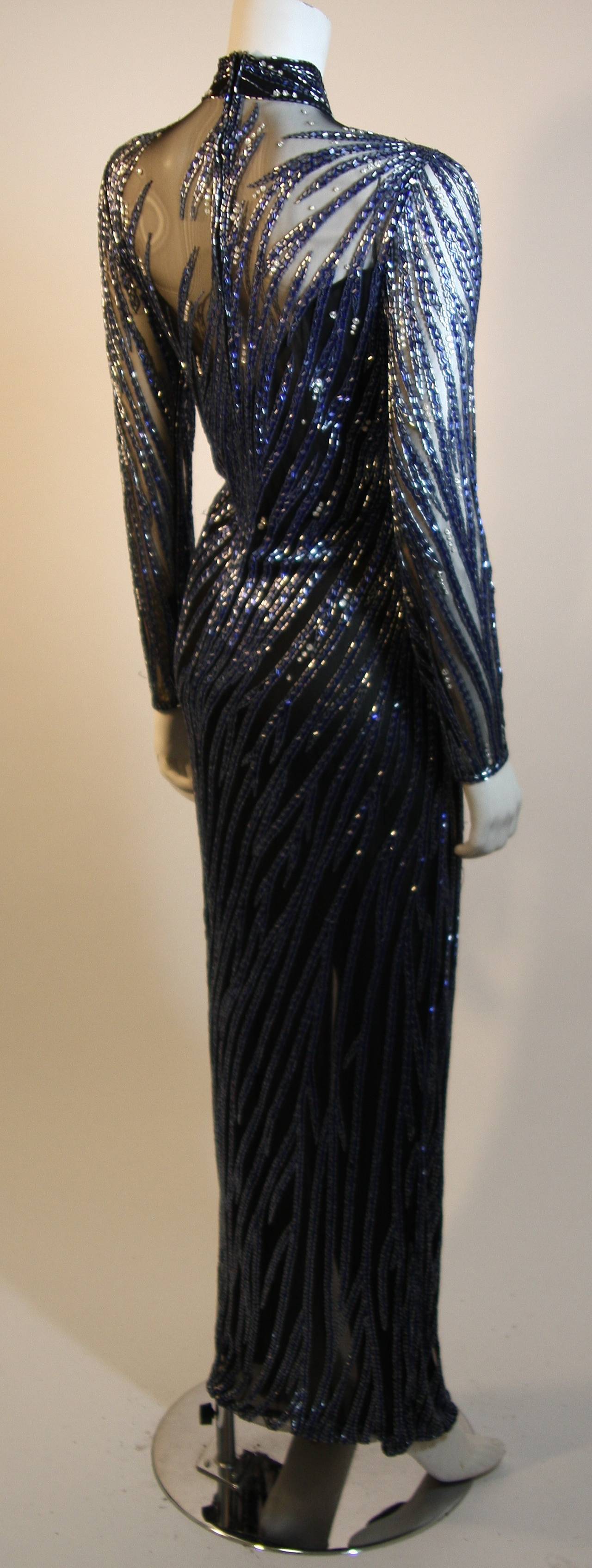 Black Bob Mackie 1980s midnight blue beaded gown with peek-a-boo sheer neckline 10