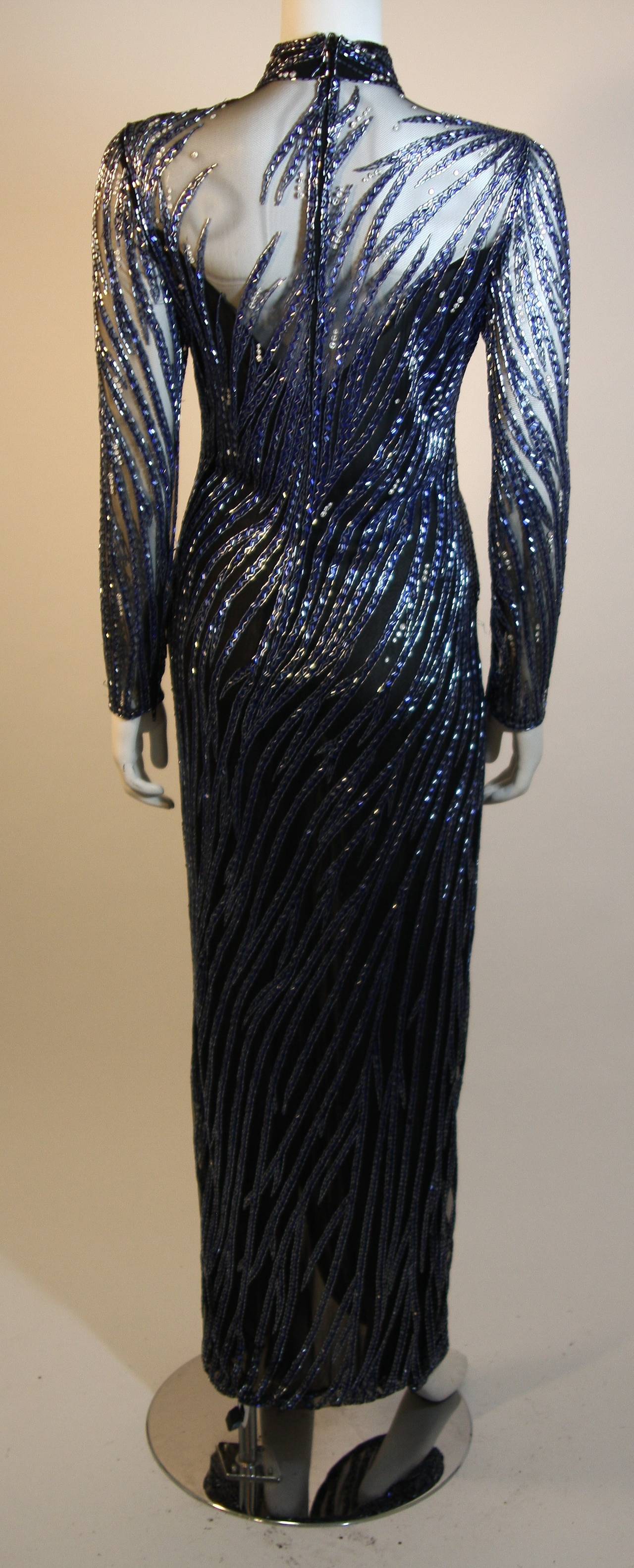 Bob Mackie 1980s midnight blue beaded gown with peek-a-boo sheer neckline 10 In Excellent Condition In Los Angeles, CA