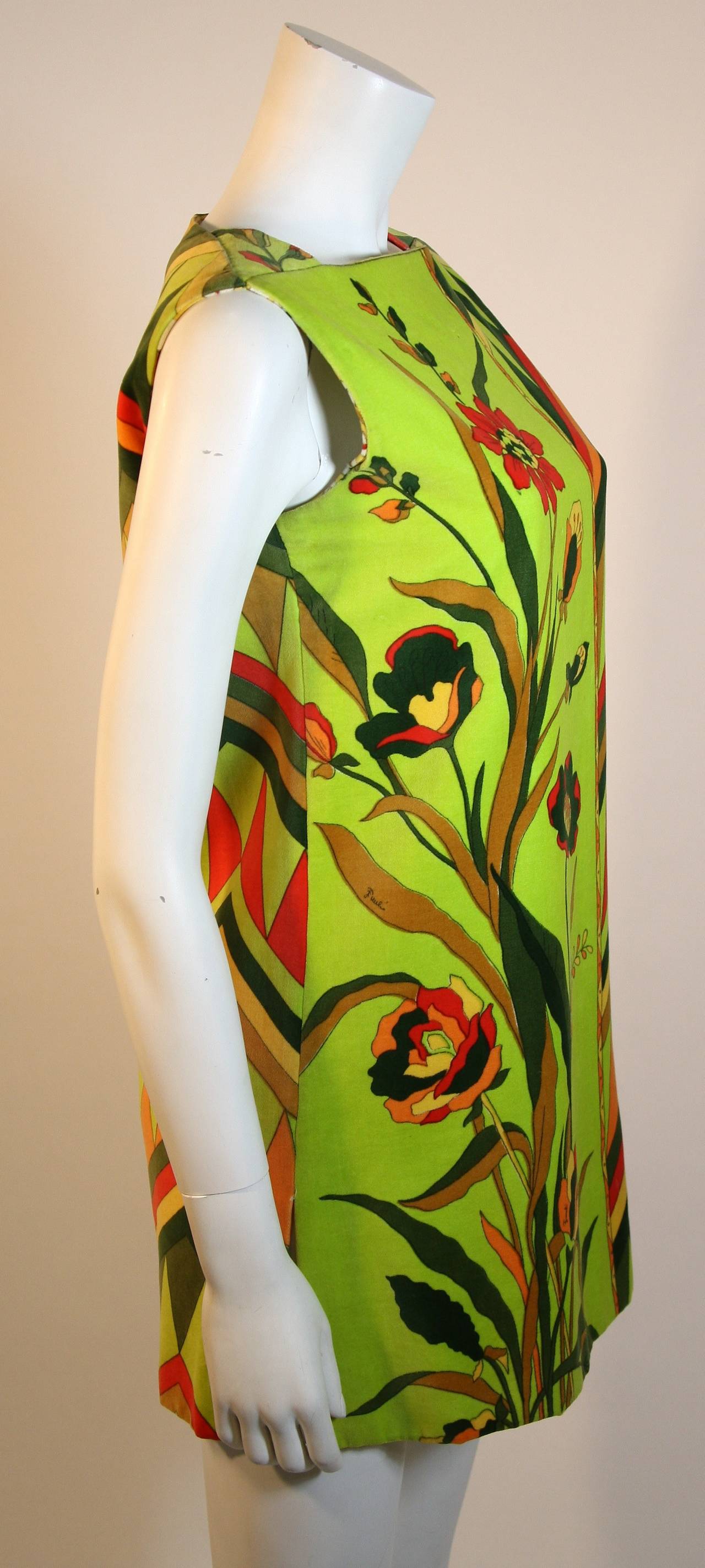 Brown Emilio Pucci Olive Green Orange and Red Floral Print Velvet Shift Dress