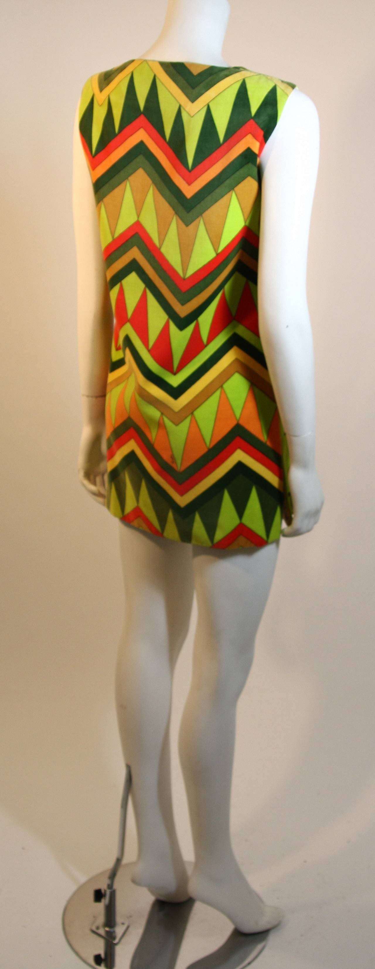 Emilio Pucci Olive Green Orange and Red Floral Print Velvet Shift Dress In Excellent Condition In Los Angeles, CA