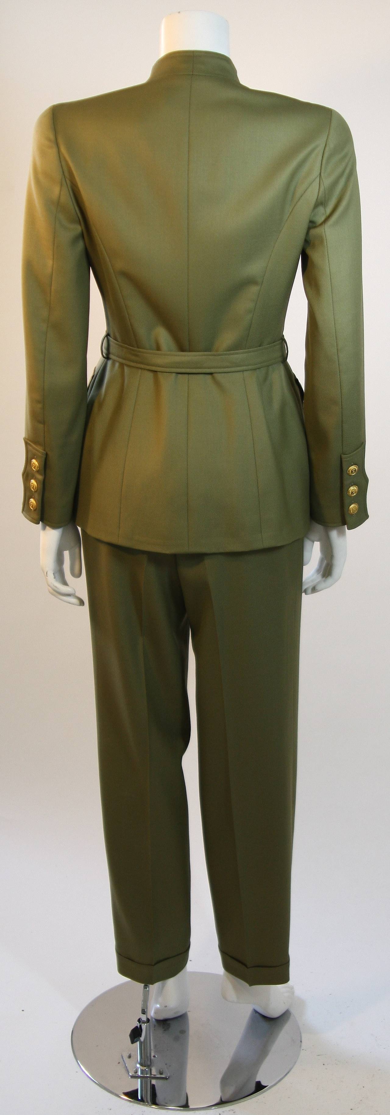 Chanel 96A Military Inspired Army Green Light Wool Jacket & Pants Suit with Belt In Excellent Condition In Los Angeles, CA