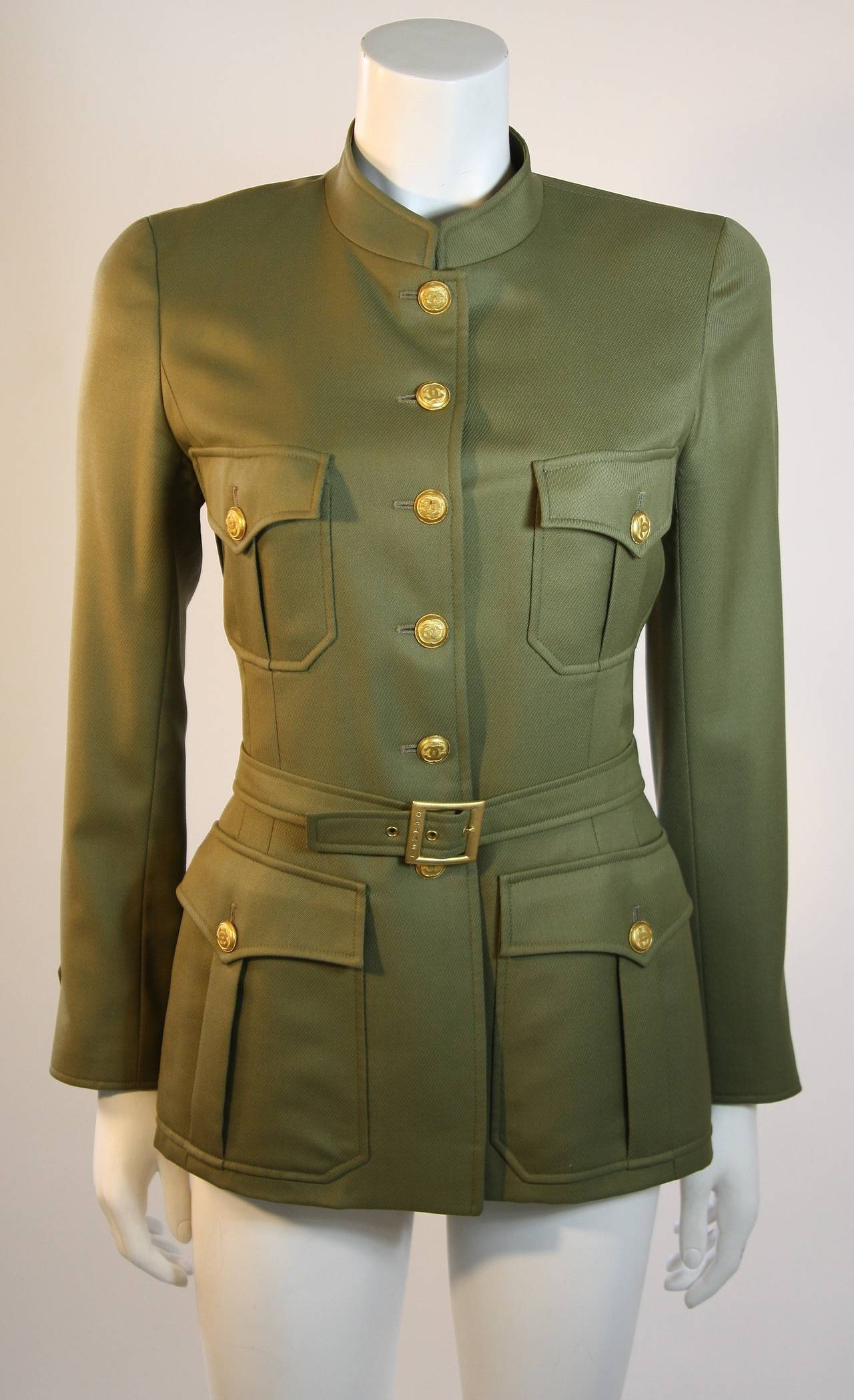 Chanel 96A Military Inspired Army Green Light Wool Jacket & Pants Suit with Belt 1