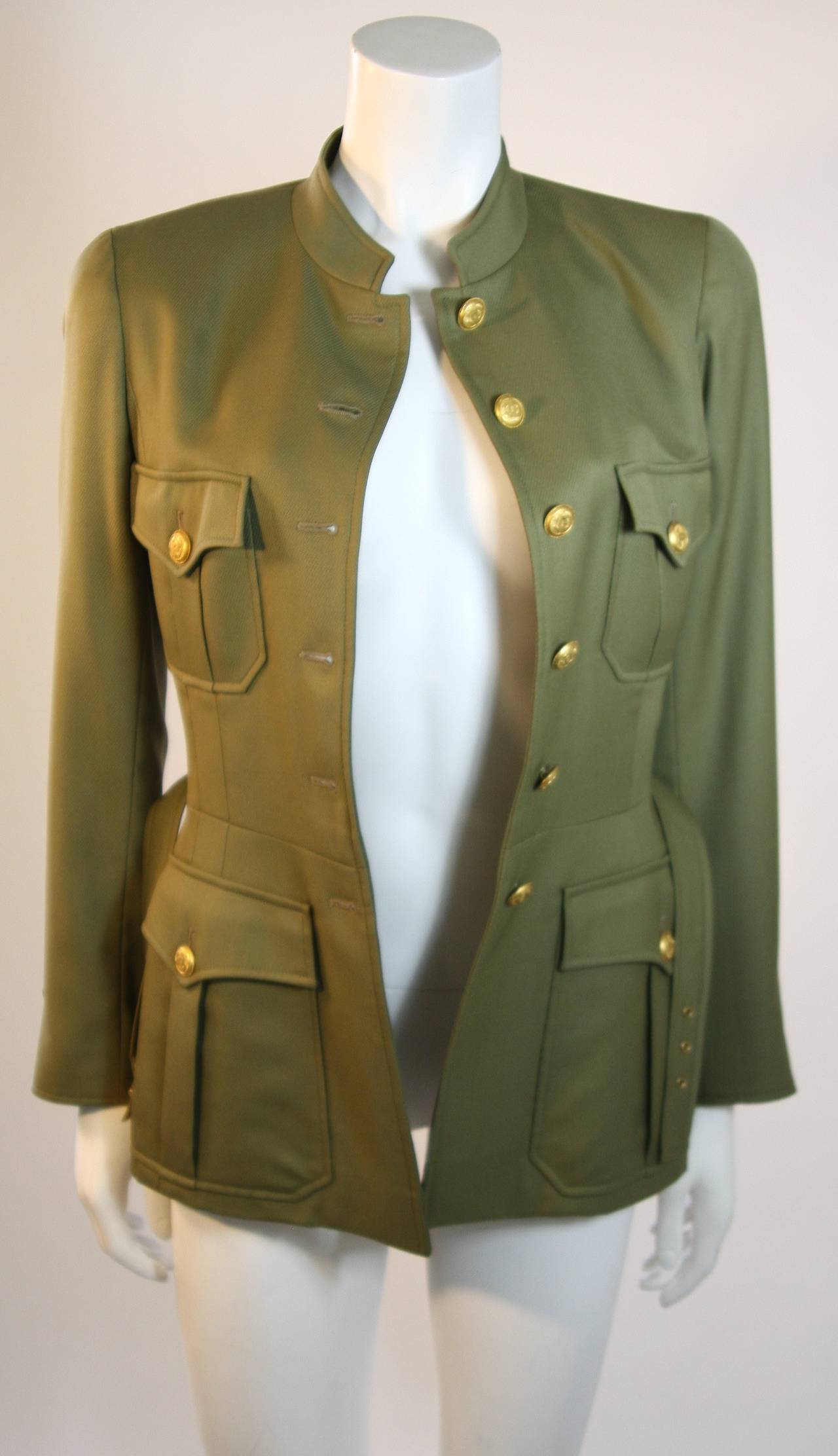 Chanel 96A Military Inspired Army Green Light Wool Jacket & Pants Suit with Belt 2