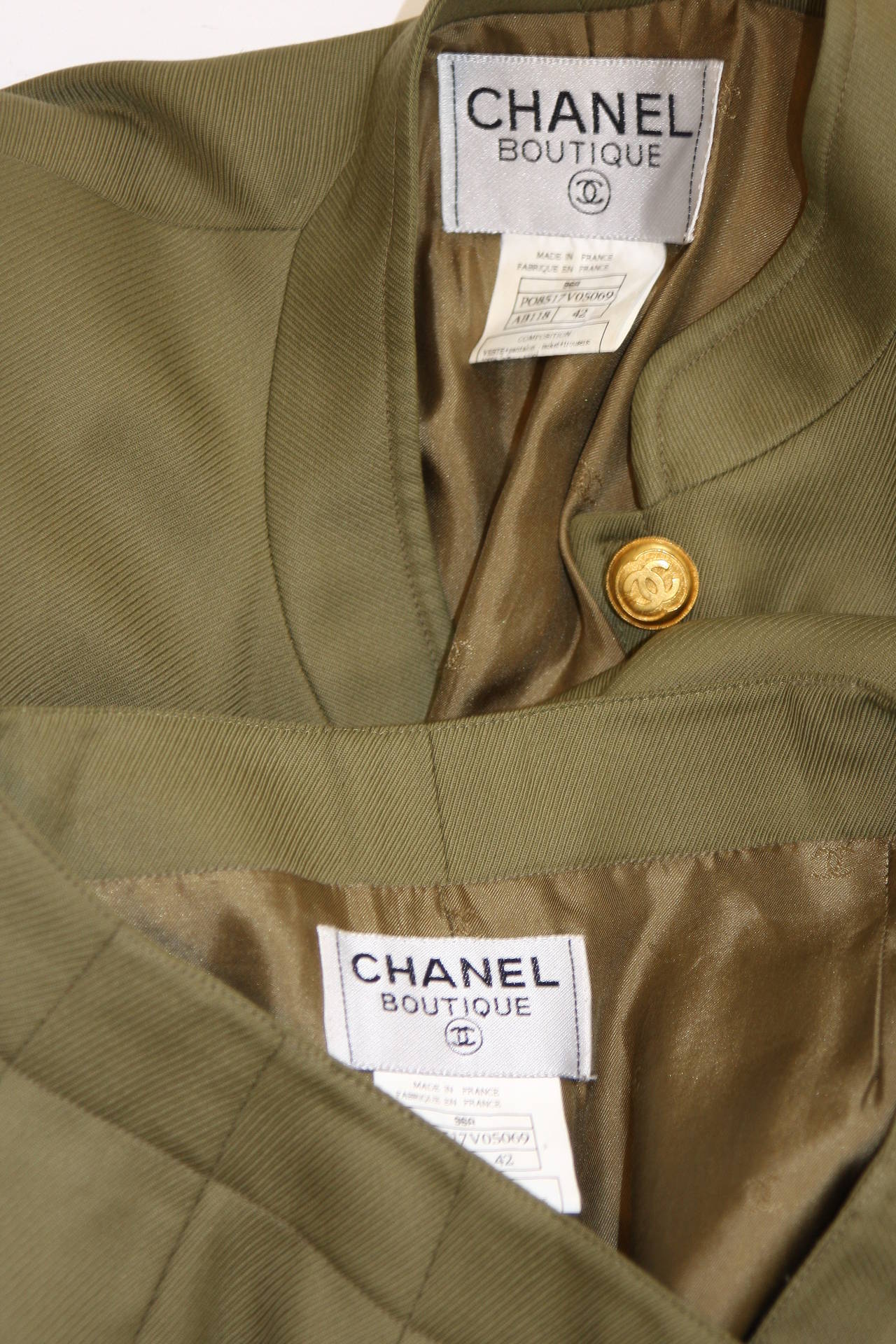 Chanel 96A Military Inspired Army Green Light Wool Jacket & Pants Suit with Belt 3