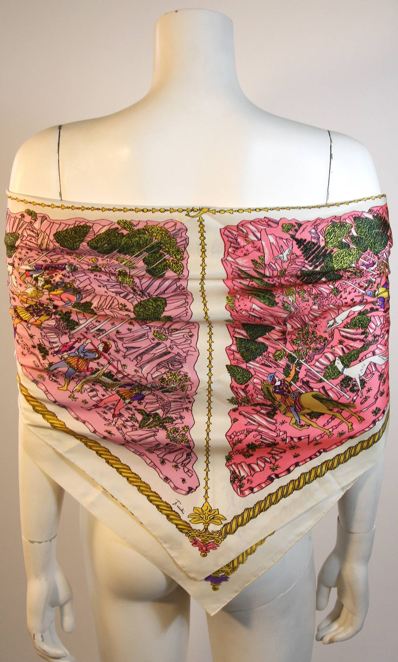 Emilio Pucci 1960s Rare Cream Silk twill with Pink & Gold Royal Feast Print In Excellent Condition In Los Angeles, CA