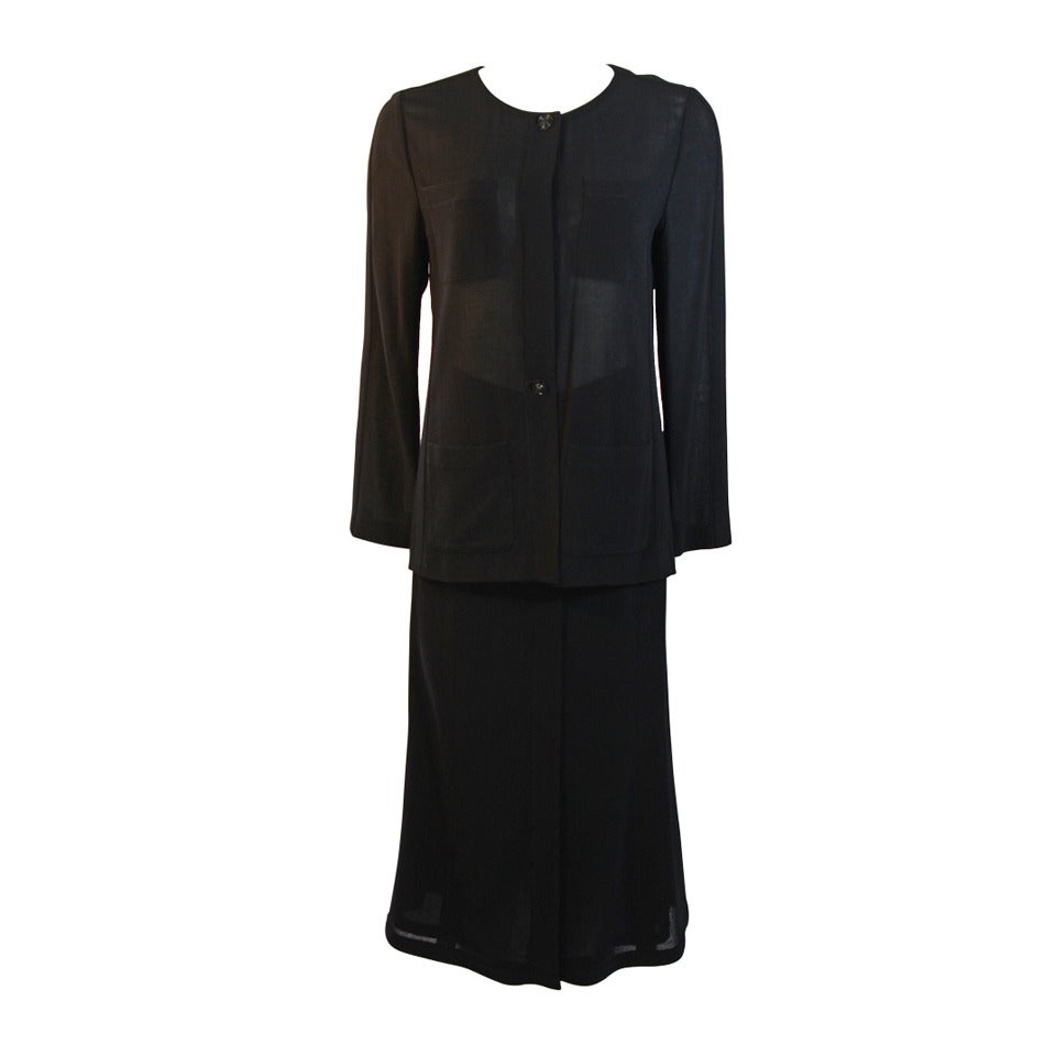 1999 Chanel Sheer Black wool 4 pocket Jacket & wool silk lined Skirt sz 40 For Sale