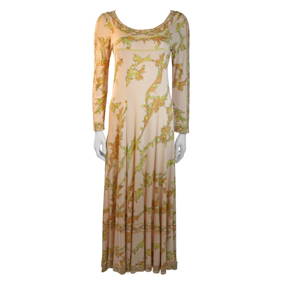 Emilio Pucci 1970s Peach with Yellow print silk jersey empire gown For Sale