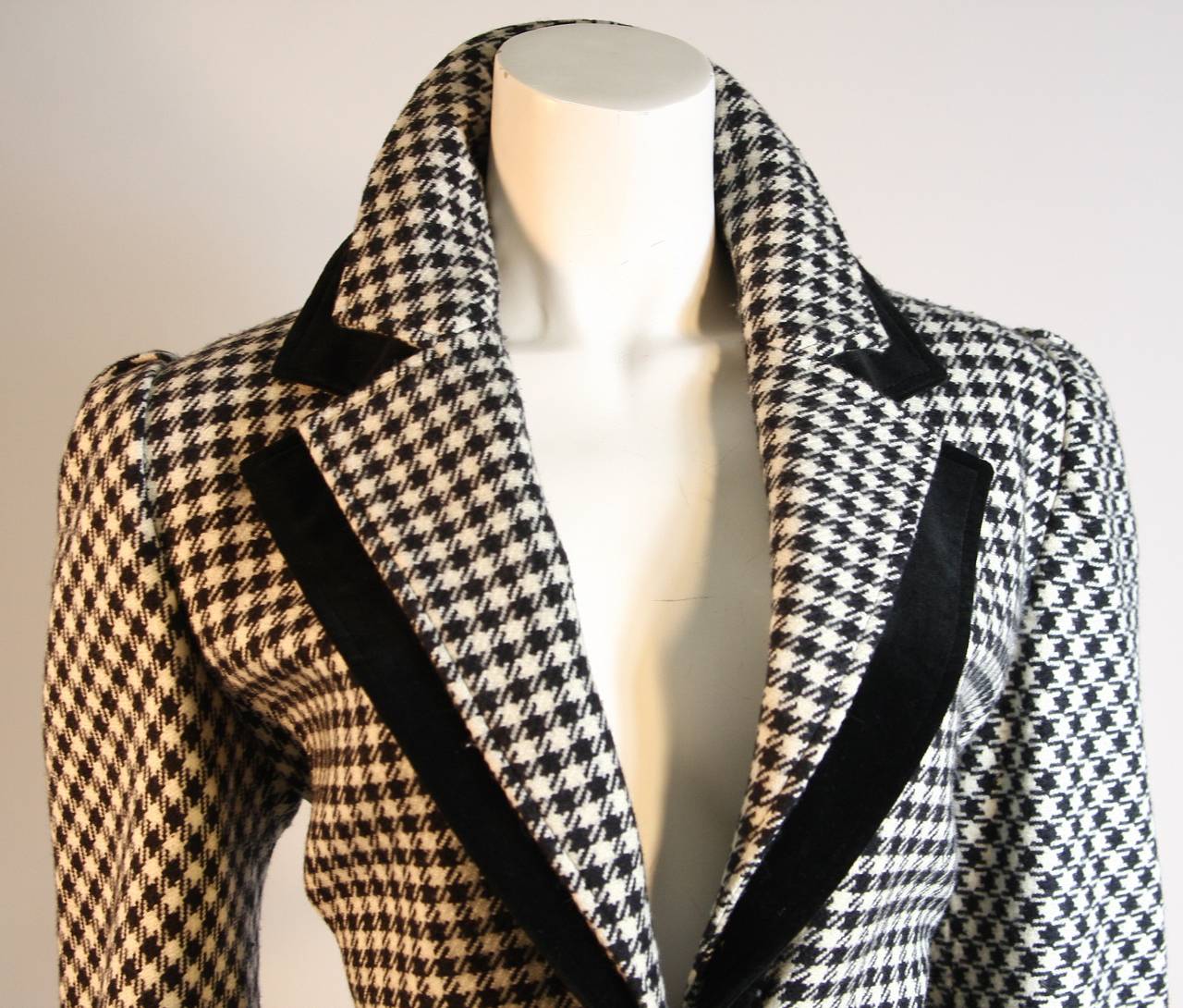 Black Valentino Houndstooth Coat with Velvet Accents