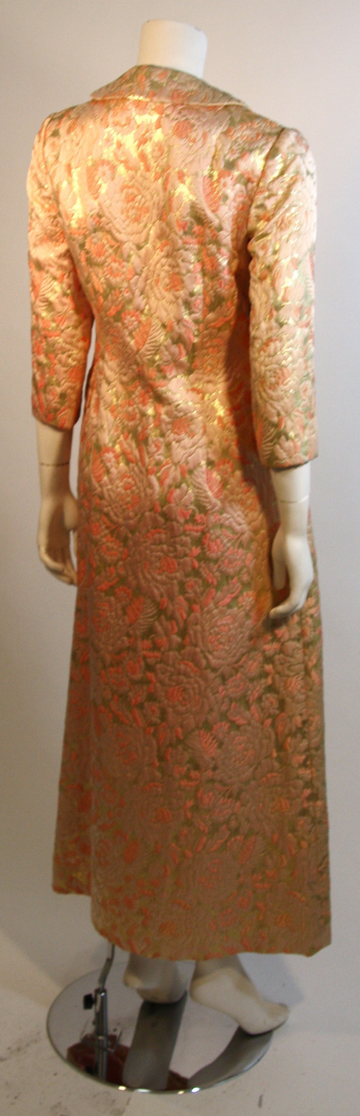 I Magnin Pink and Gold Jacquard Full Length Coat In Excellent Condition For Sale In Los Angeles, CA