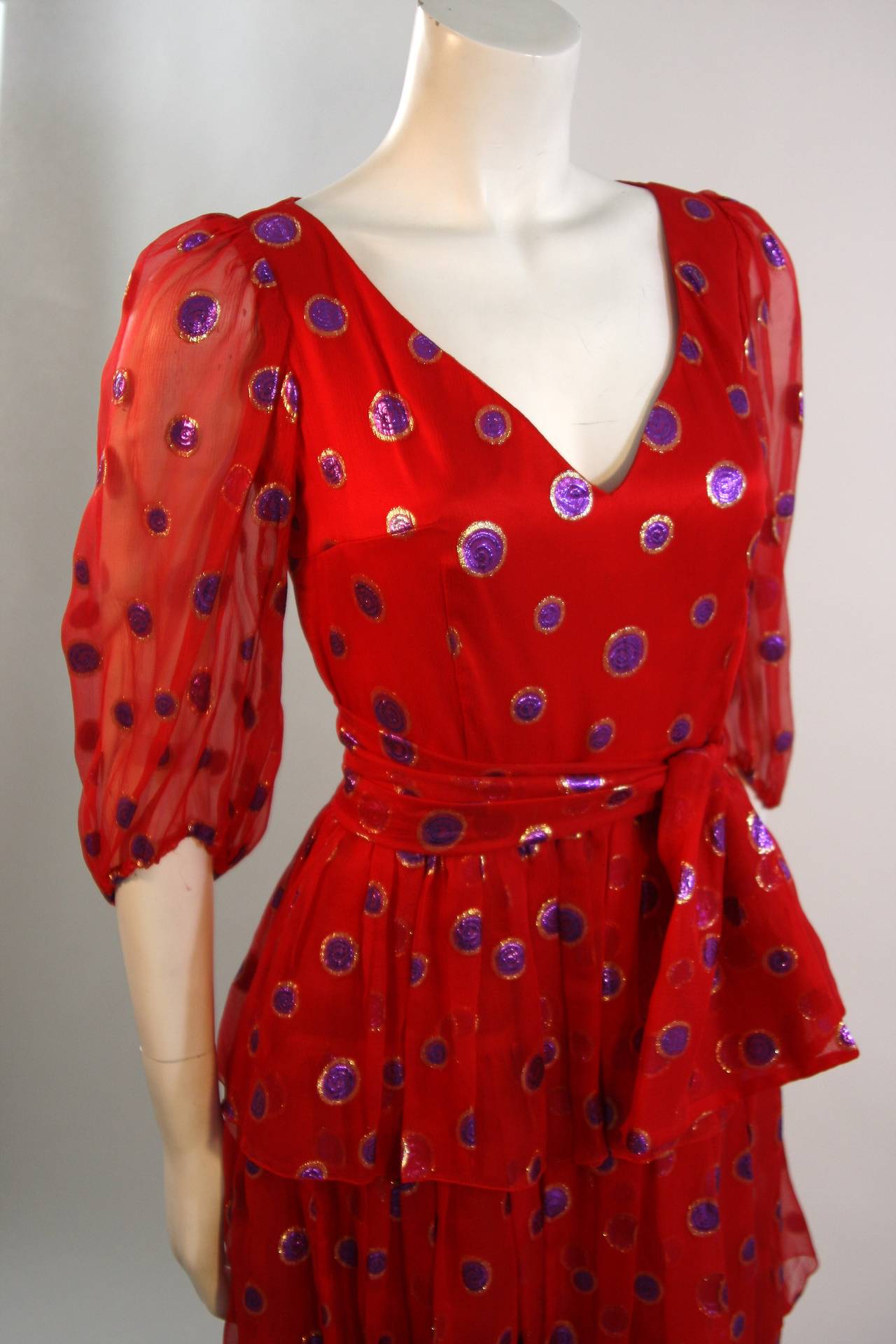 1970's Custom Made Red Silk Tired Dress with Purple Metallic Accents For Sale 1