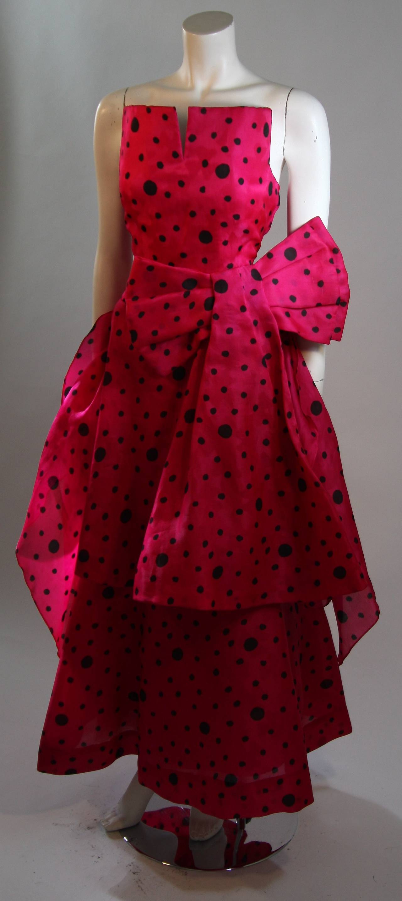 Arnold Scaasi Pink and Black Polka Dot Gown with Shawl In Excellent Condition In Los Angeles, CA