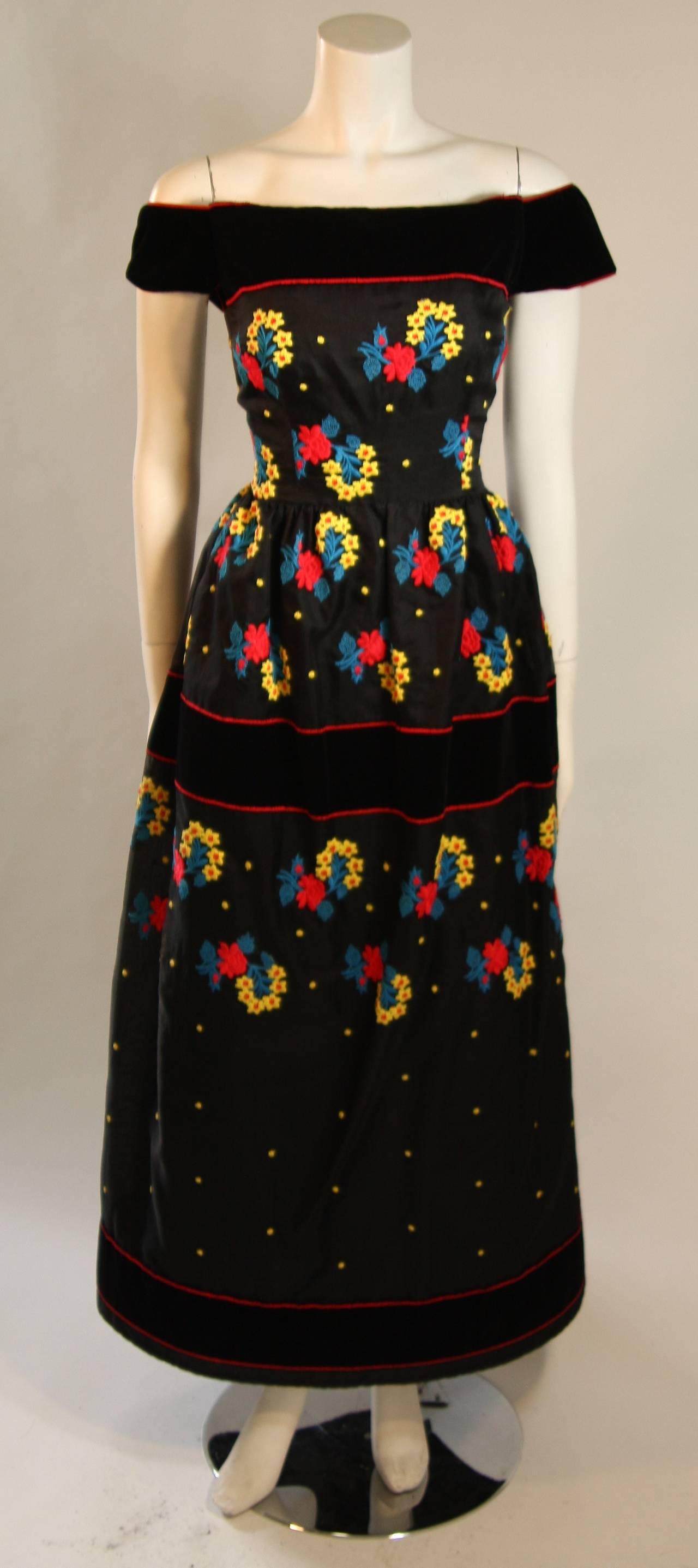 Arnold Scaasi Black Velvet Embroidered Gown with Belt For Sale at 1stDibs