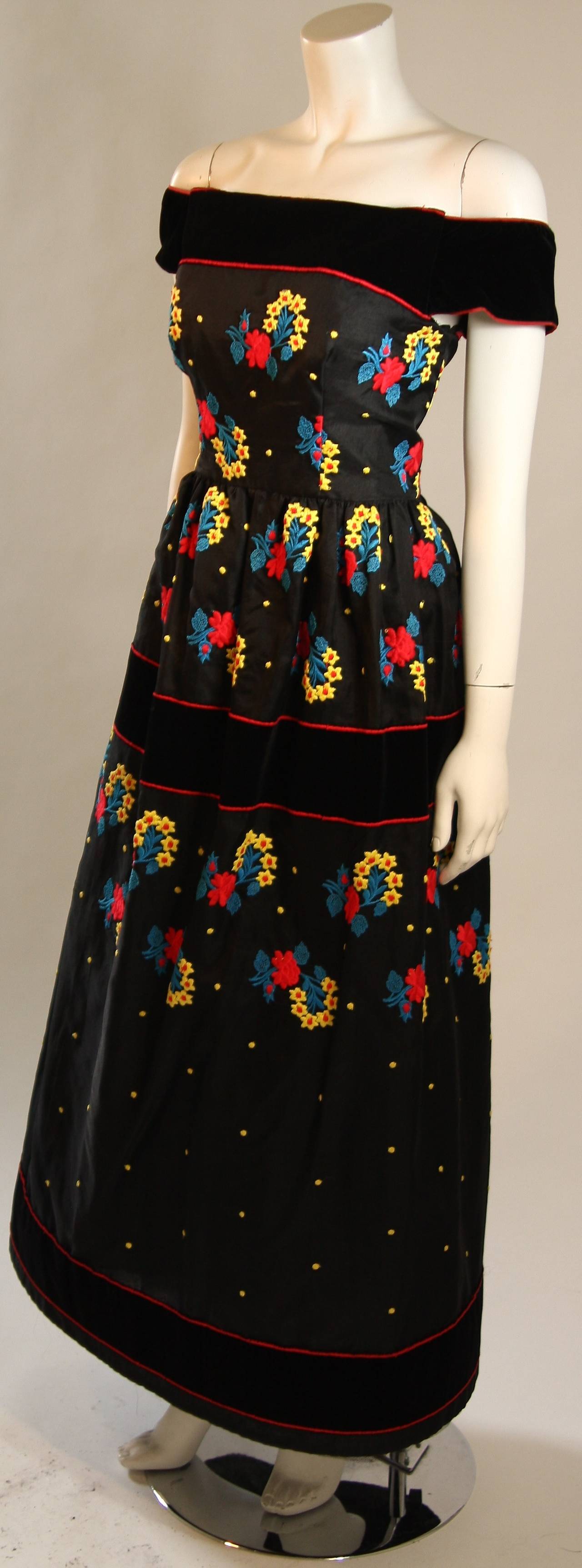 Arnold Scaasi Black Velvet Embroidered Gown with Belt In Excellent Condition For Sale In Los Angeles, CA