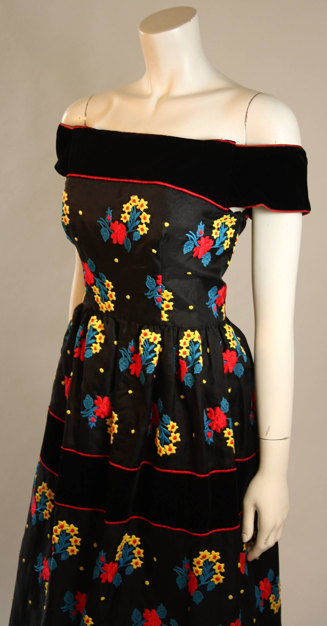 Arnold Scaasi Black Velvet Embroidered Gown with Belt For Sale at 1stDibs