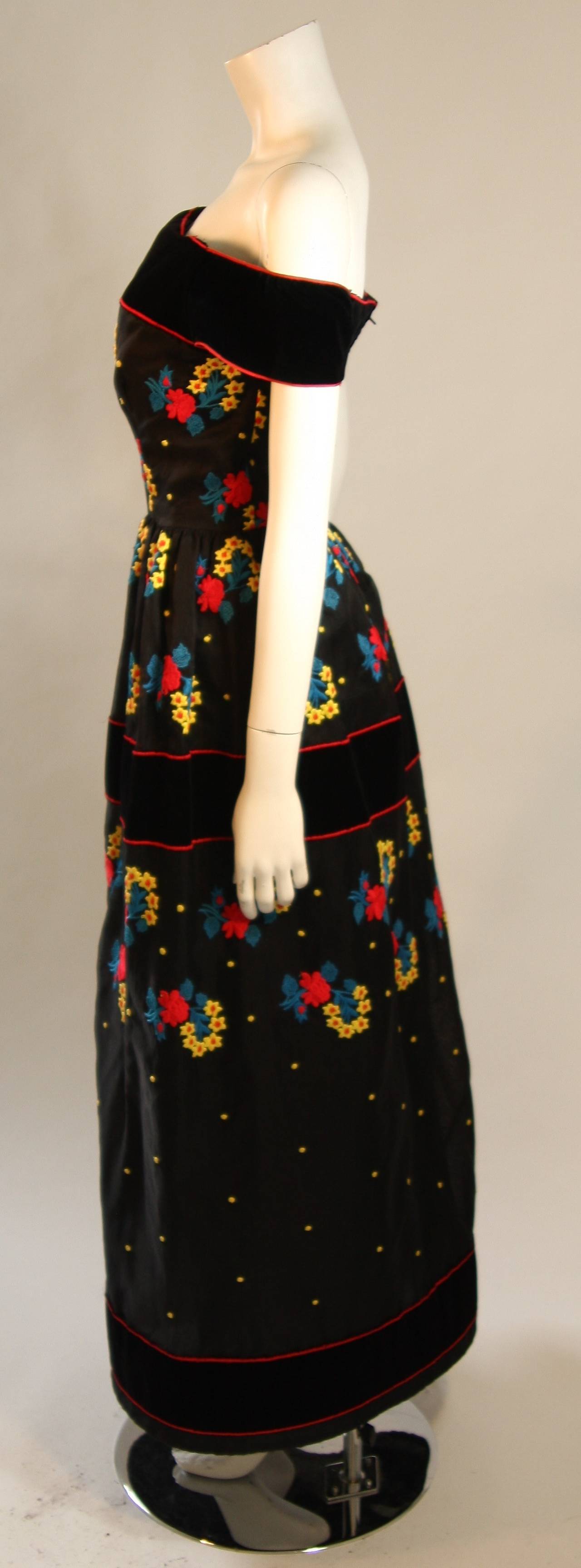 Arnold Scaasi Black Velvet Embroidered Gown with Belt For Sale at 1stDibs