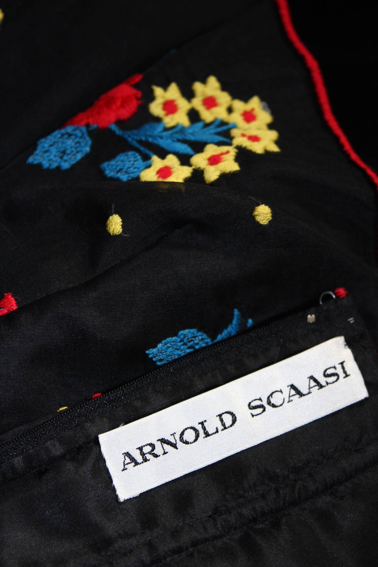 Arnold Scaasi Black Velvet Embroidered Gown with Belt For Sale 5
