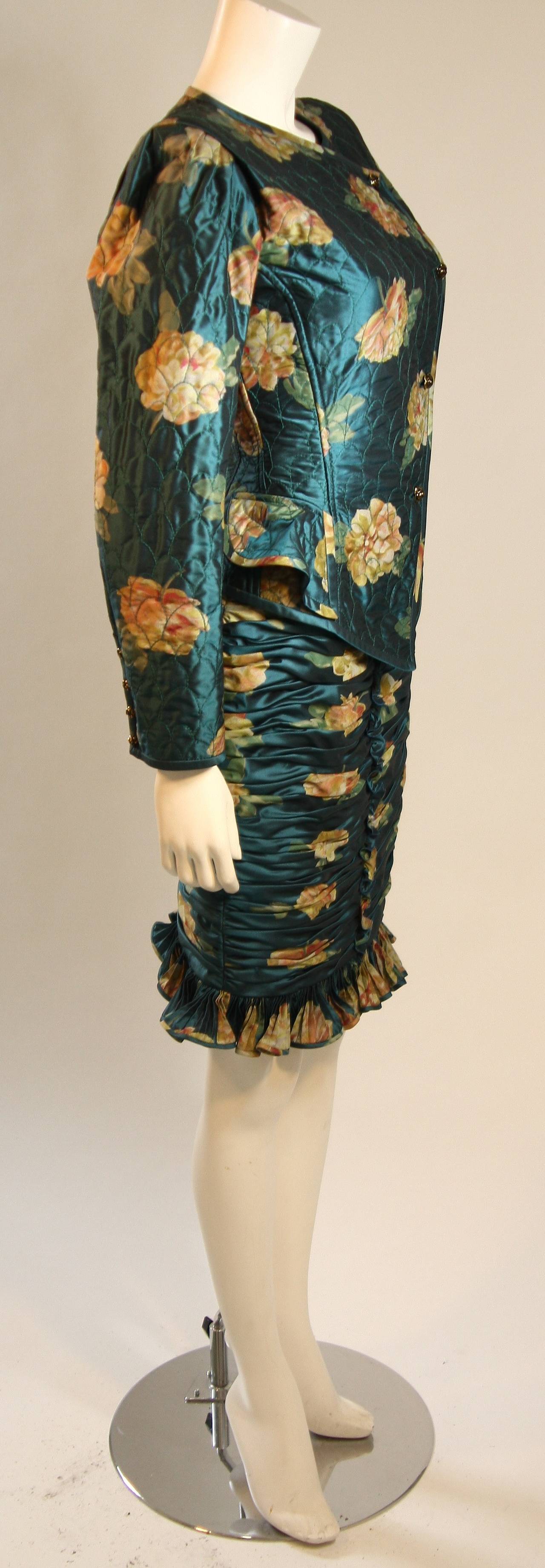 Black Emanuel Ungaro Teal Floral Skirt Suit with Peplum and Rouching Size 6 For Sale