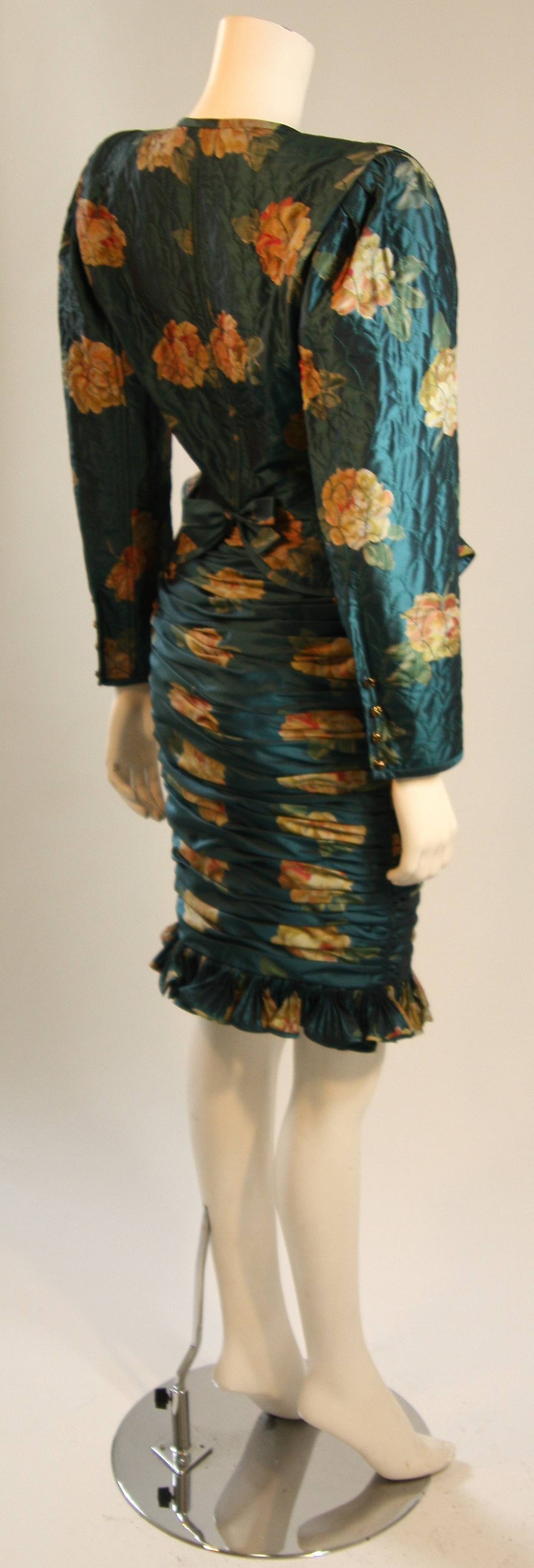 Emanuel Ungaro Teal Floral Skirt Suit with Peplum and Rouching Size 6 In Excellent Condition For Sale In Los Angeles, CA