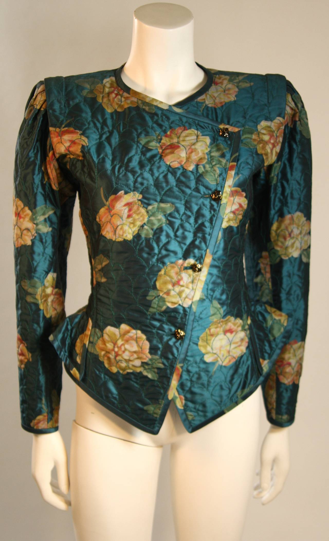 Emanuel Ungaro Teal Floral Skirt Suit with Peplum and Rouching Size 6 For Sale 2