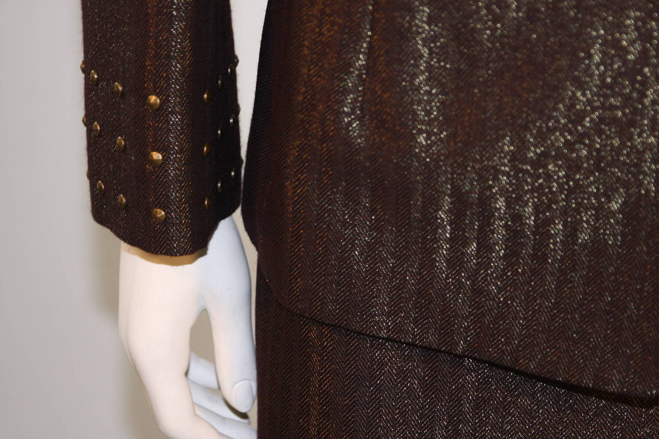 Badgley Mischka Metallic Burgundy and Bronze Skirt Suit with Fox Fur Size 14 3