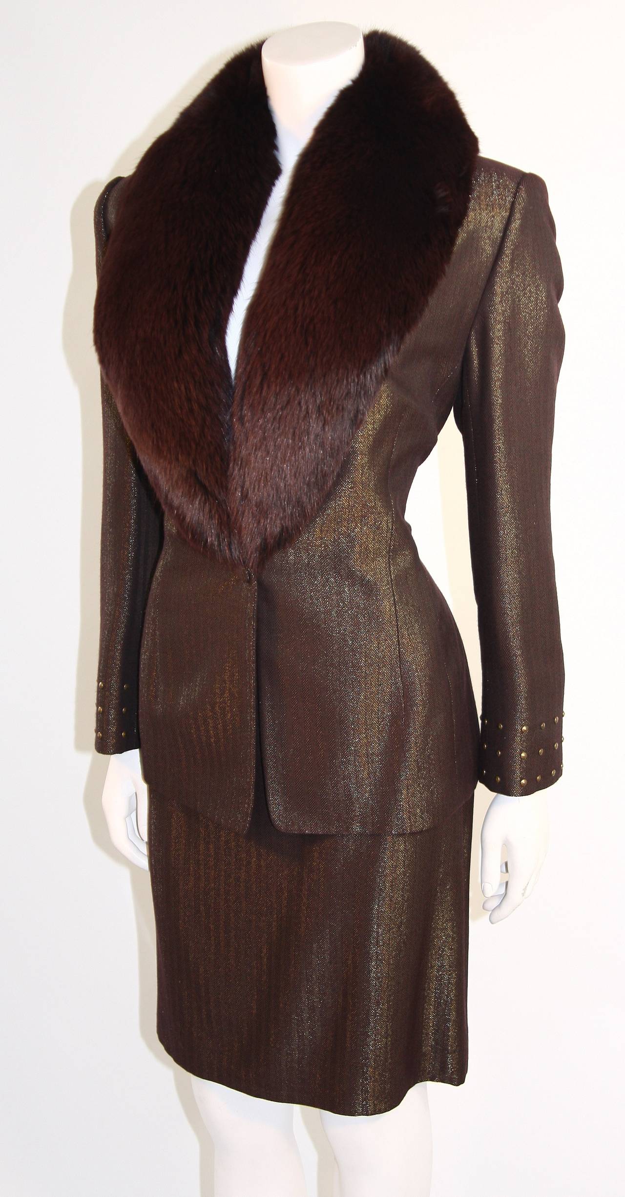 Black Badgley Mischka Metallic Burgundy and Bronze Skirt Suit with Fox Fur Size 14