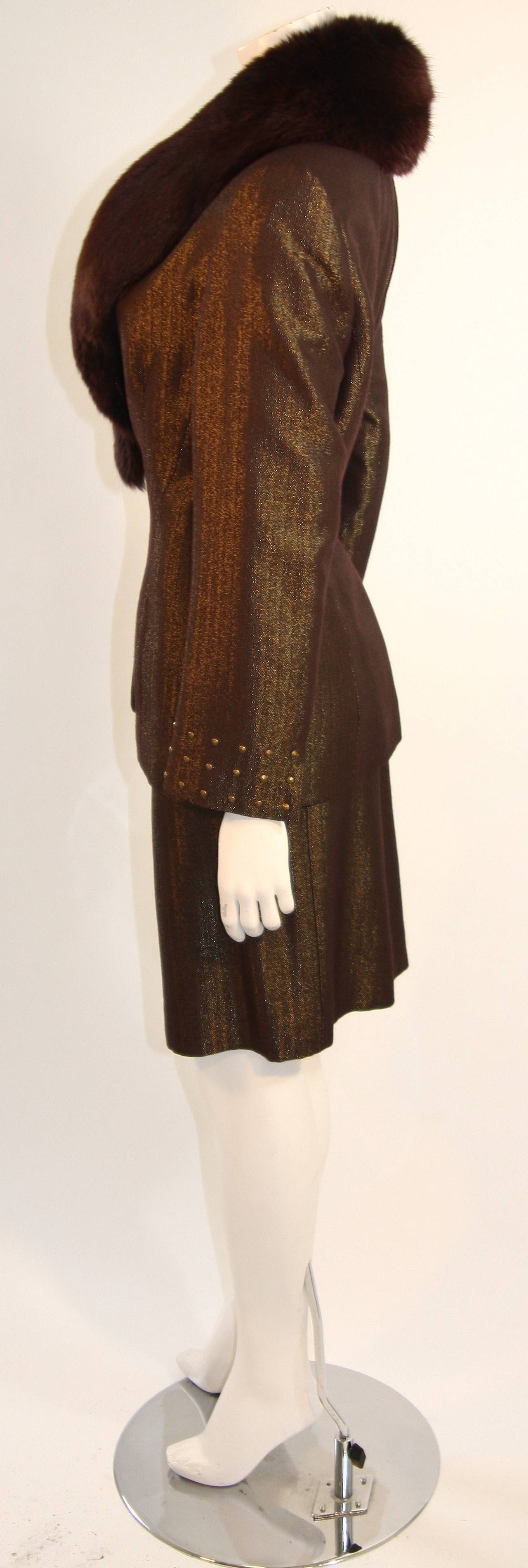 Women's Badgley Mischka Metallic Burgundy and Bronze Skirt Suit with Fox Fur Size 14