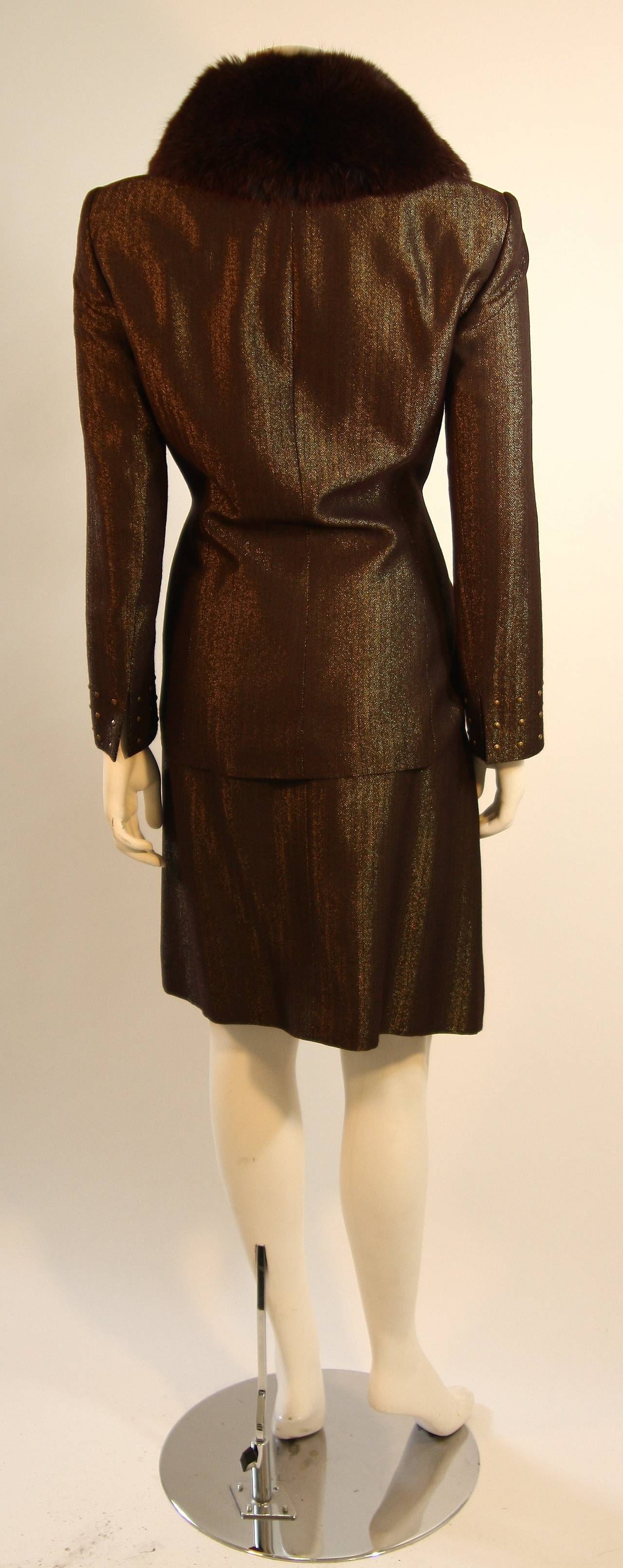 Badgley Mischka Metallic Burgundy and Bronze Skirt Suit with Fox Fur Size 14 1