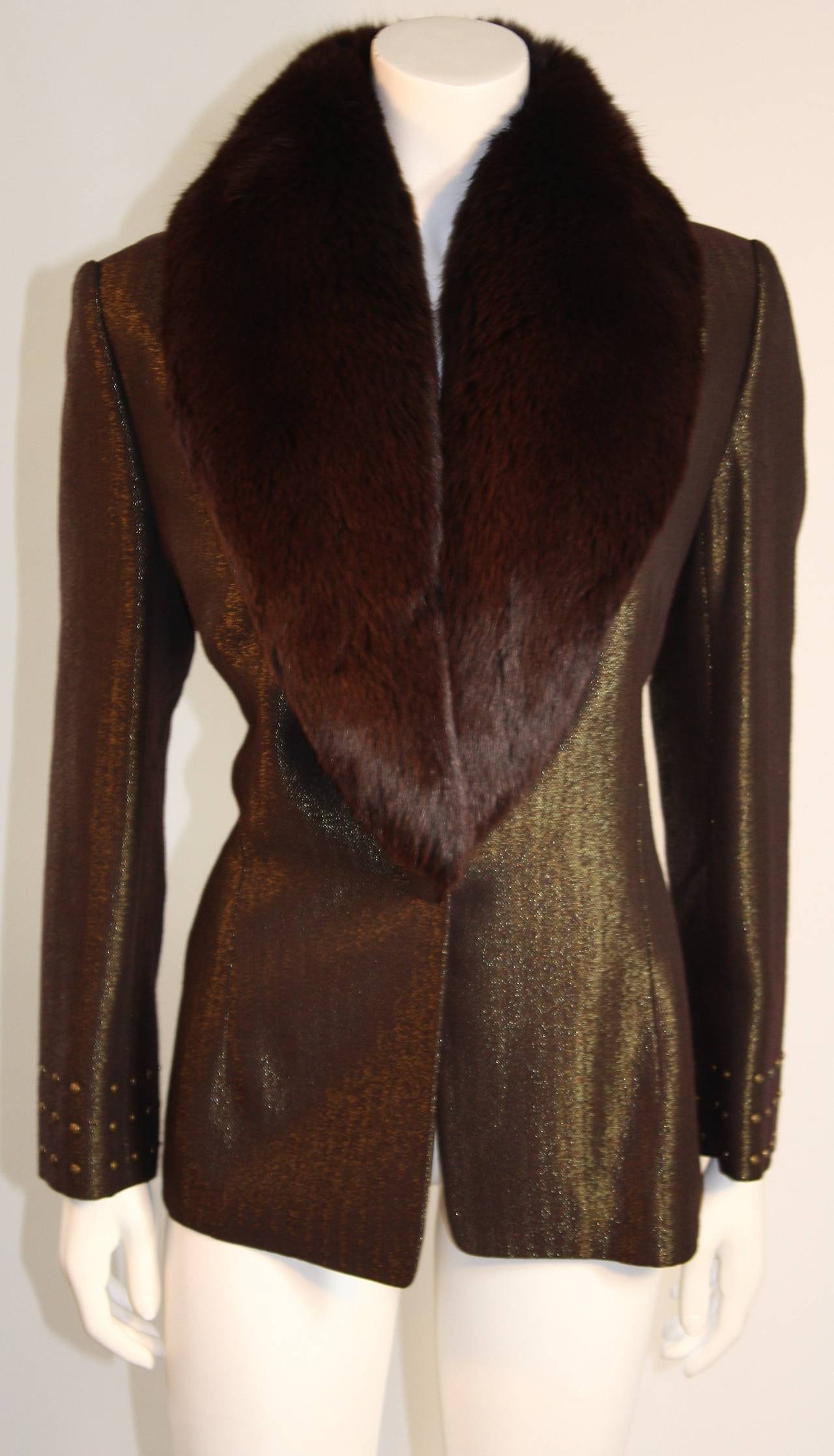 Badgley Mischka Metallic Burgundy and Bronze Skirt Suit with Fox Fur Size 14 2