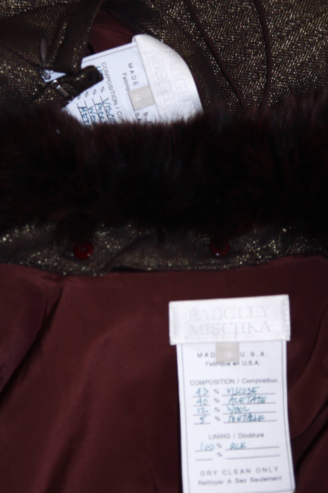 Badgley Mischka Metallic Burgundy and Bronze Skirt Suit with Fox Fur Size 14 4