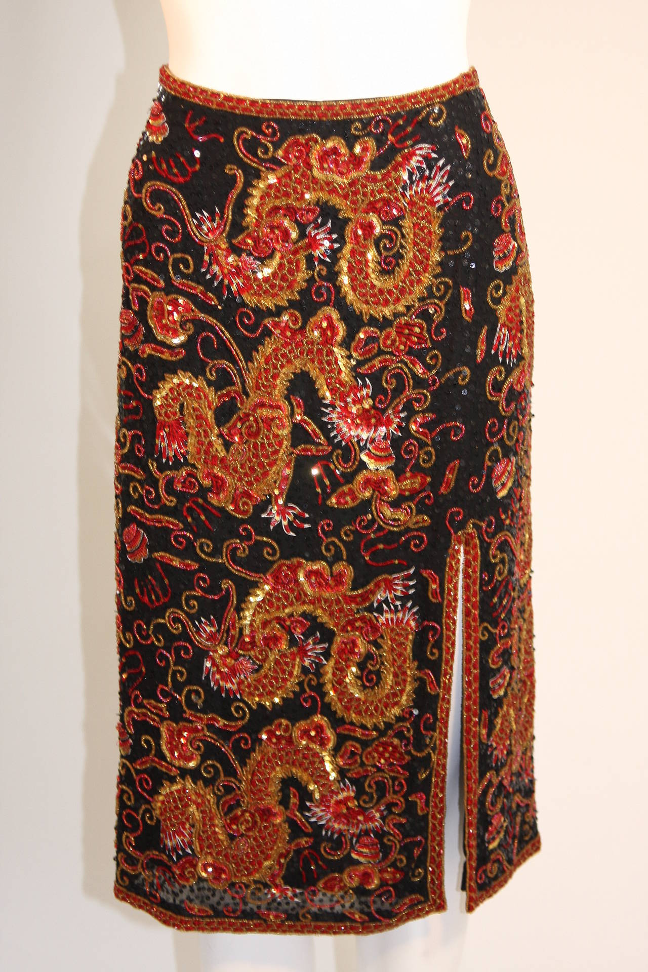 Escada Asian Dragon Sequin Embellished Jacket Skirt Suit Size 42 For Sale 1
