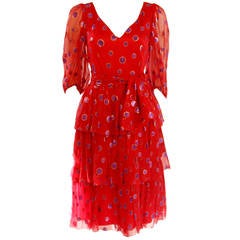 1970's Custom Made Red Silk Tired Dress with Purple Metallic Accents 6