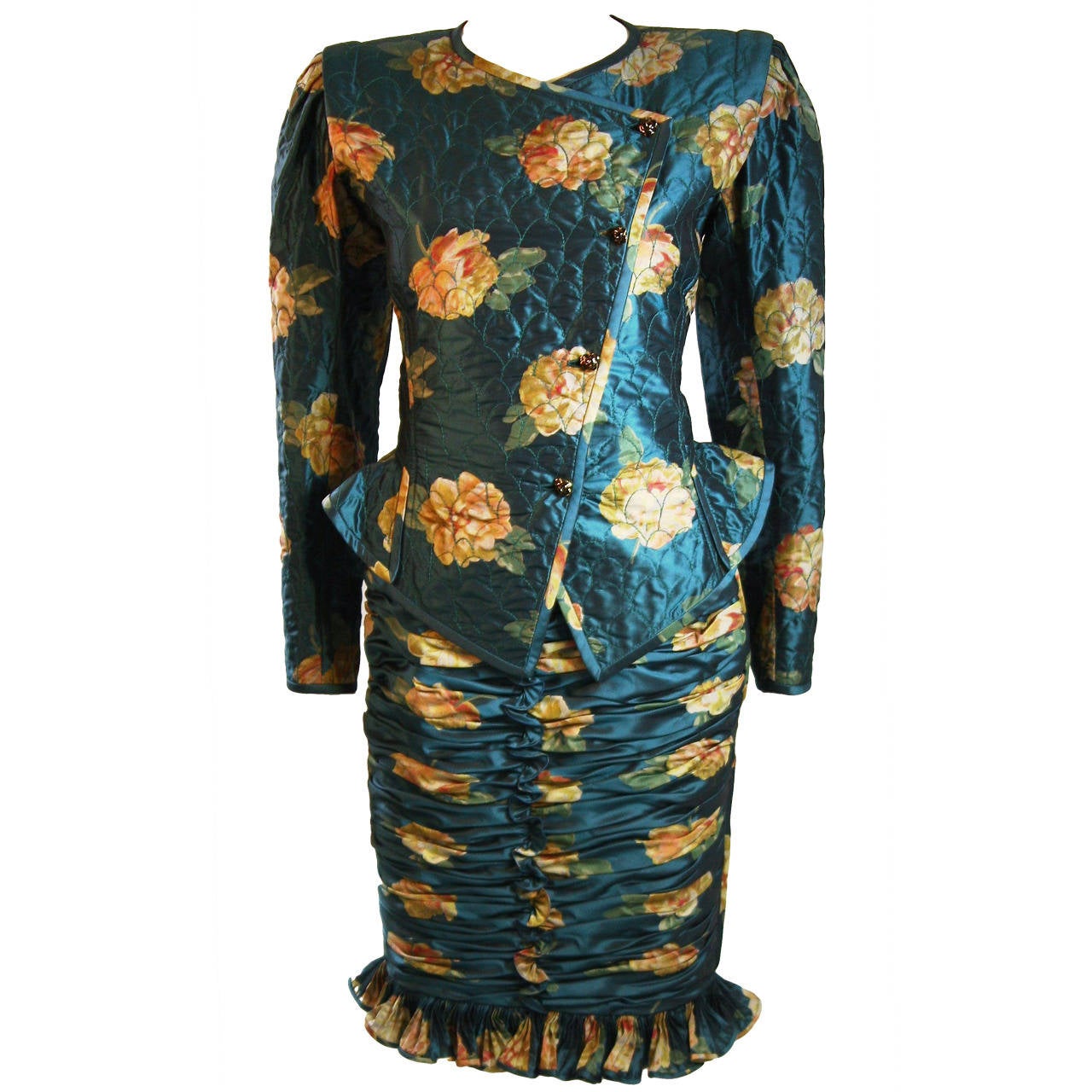 Emanuel Ungaro Teal Floral Skirt Suit with Peplum and Rouching Size 6 For Sale