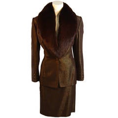 Badgley Mischka Metallic Burgundy and Bronze Skirt Suit with Fox Fur Size 14
