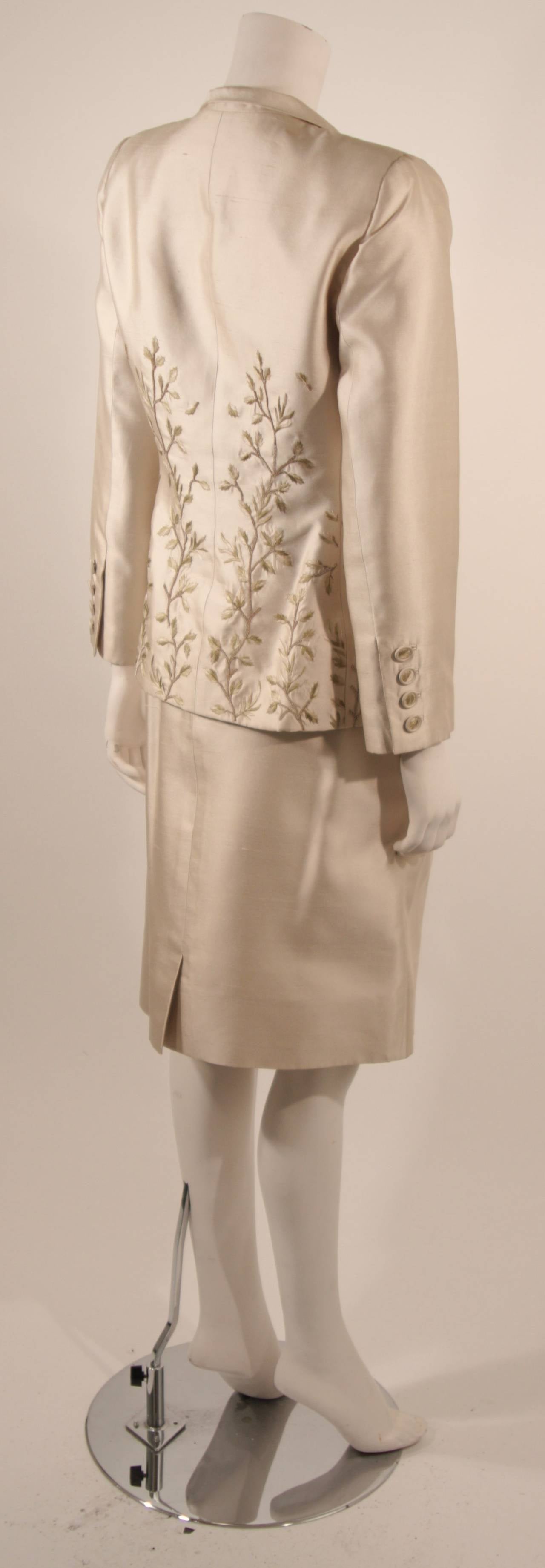Brown Oscar De La Renta Champagne Silk with Sage Embroidery Skirt Suit Size 10 For Sale