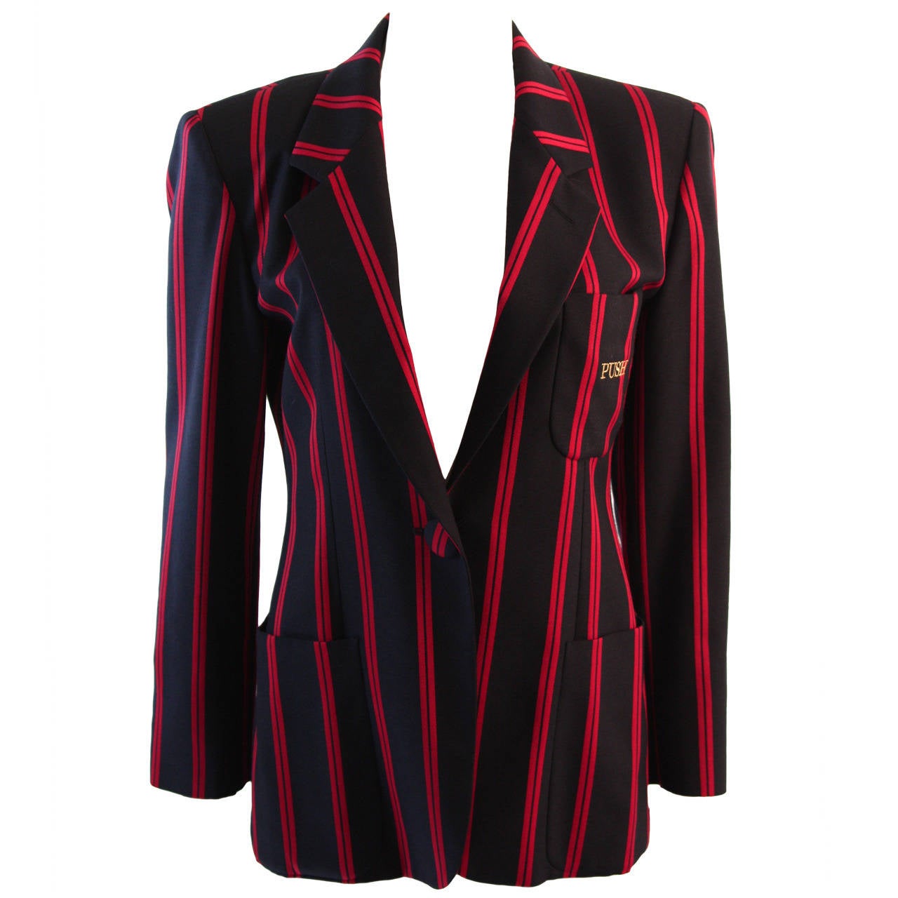 1990s Moschino Couture Navy & Red Striped wool Carnival Jacket "Push" pocket