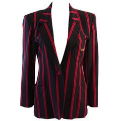 1990s Moschino Couture Navy & Red Striped wool Carnival Jacket "Push" pocket 8