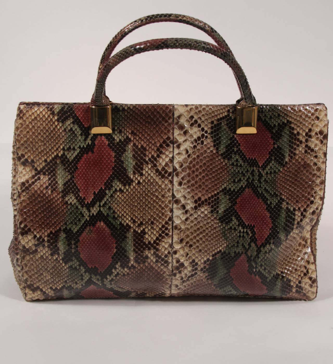 Judith Leiber Multi-Colored Pink, Green, Nude XL Snake Skin Tote w mini bag In Excellent Condition In Los Angeles, CA