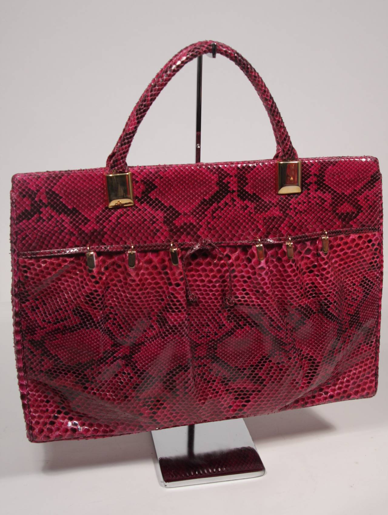 1980's Judith Leiber Extra Large Magenta Snakeskin Tote with Gold Hardware at 1stdibs