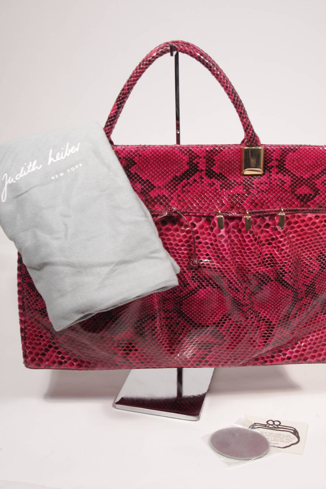 1980's Judith Leiber Extra Large Magenta Snakeskin Tote with Gold