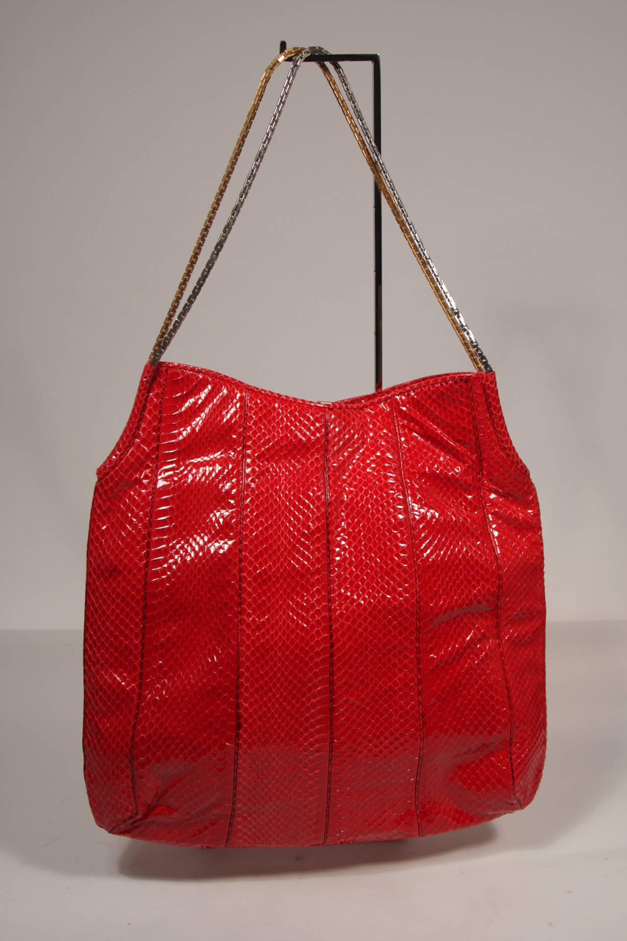 Judith Leiber Red Snakeskin Multi Dual Tone Chain Strap Hobo 2