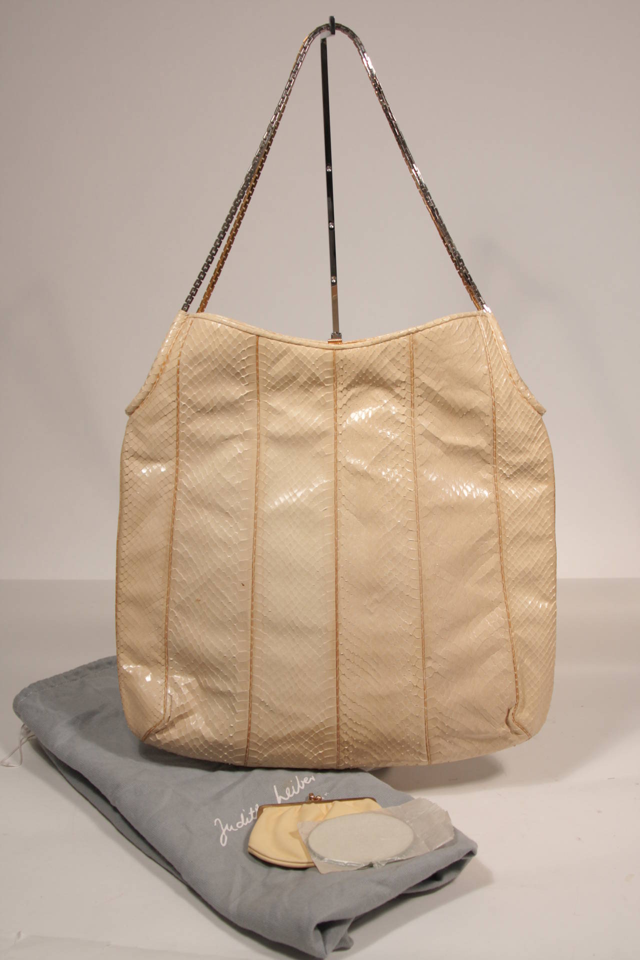 Brown Judith Leiber Cream Off White Snakeskin Hobo with Multi Metal Two Tone Chain For Sale