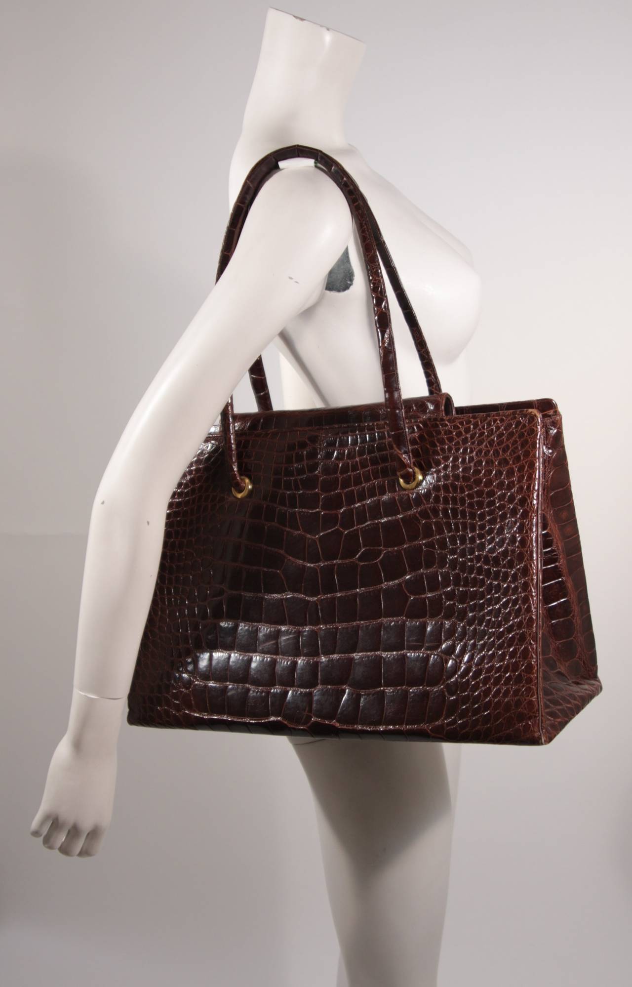 Judith Leiber Extra Large Chocolate Crocodile Shoulder Bag with Snap Top In Excellent Condition In Los Angeles, CA